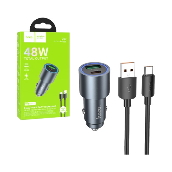 Hoco Car Charger Z60 Bloom 2 Port USB+Type-C 48W with Type-C Cable 1M Metallic Gray